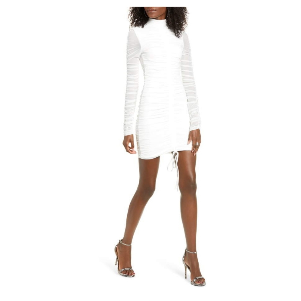 Tiger Mist White Long Sleeve Ruched Dress